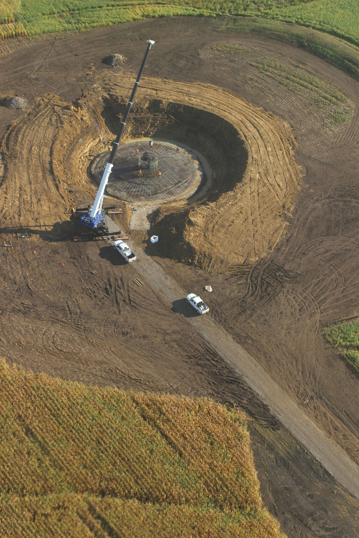 Wind turbine construction in Iowa County, Iowa